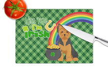 Load image into Gallery viewer, Black and Tan Puppy Cut Yorkshire Terrier St. Patrick's Day Glass Cutting Boards – Durable, Decorative Kitchen Art Large
