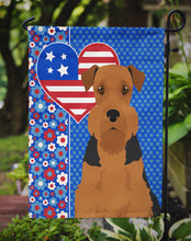 Load image into Gallery viewer, Black and Tan Airedale Terrier Patriotic Heart Garden Flag – Red, White &amp; Blue Dog Decor with Star Background