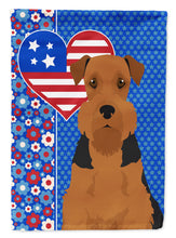Load image into Gallery viewer, Black and Tan Airedale Terrier Patriotic Heart Garden Flag – Red, White &amp; Blue Dog Decor with Star Background
