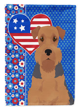 Load image into Gallery viewer, Grizzle and Tan Airedale Terrier Patriotic Heart Garden Flag – Red, White &amp; Blue Dog Decor with Star Background