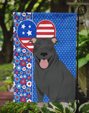 Load image into Gallery viewer, Black Pit Bull Terrier Patriotic Heart Garden Flag – Red, White &amp; Blue Dog Decor with Star Background