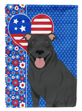 Load image into Gallery viewer, Black Pit Bull Terrier Patriotic Heart Garden Flag – Red, White &amp; Blue Dog Decor with Star Background