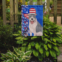 Load image into Gallery viewer, Blue and White Pit Bull Terrier Patriotic Heart Garden Flag – Red, White &amp; Blue Dog Decor with Star Background