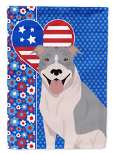 Load image into Gallery viewer, Blue and White Pit Bull Terrier Patriotic Heart Garden Flag – Red, White &amp; Blue Dog Decor with Star Background