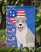 Load image into Gallery viewer, Blue Brindle Pit Bull Terrier Patriotic Heart Garden Flag – Red, White &amp; Blue Dog Decor with Star Background