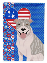 Load image into Gallery viewer, Blue Brindle Pit Bull Terrier Patriotic Heart Garden Flag – Red, White &amp; Blue Dog Decor with Star Background