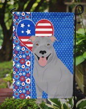 Load image into Gallery viewer, Blue Pit Bull Terrier Patriotic Heart Garden Flag – Red, White &amp; Blue Dog Decor with Star Background