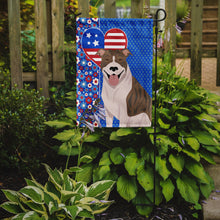 Load image into Gallery viewer, Fawn Brindle Pit Bull Terrier Patriotic Heart Garden Flag – Red, White &amp; Blue Dog Decor with Star Background