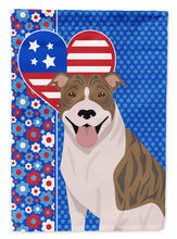 Load image into Gallery viewer, Fawn Brindle Pit Bull Terrier Patriotic Heart Garden Flag – Red, White &amp; Blue Dog Decor with Star Background