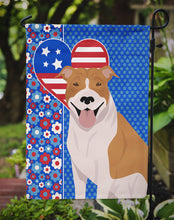 Load image into Gallery viewer, Red and White Pit Bull Terrier Patriotic Heart Garden Flag – Red, White &amp; Blue Dog Decor with Star Background