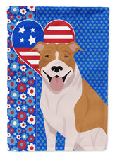 Load image into Gallery viewer, Red and White Pit Bull Terrier Patriotic Heart Garden Flag – Red, White &amp; Blue Dog Decor with Star Background