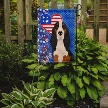 Load image into Gallery viewer, Black Tricolor Basset Hound Patriotic Heart Garden Flag – Red, White &amp; Blue Dog Decor with Star Background