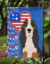 Load image into Gallery viewer, Black Tricolor Basset Hound Patriotic Heart Garden Flag – Red, White &amp; Blue Dog Decor with Star Background