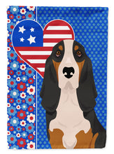 Load image into Gallery viewer, Black Tricolor Basset Hound Patriotic Heart Garden Flag – Red, White &amp; Blue Dog Decor with Star Background