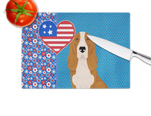 Load image into Gallery viewer, Red and White Tricolor Basset Hound USA American Glass Cutting Boards – Durable, Decorative Kitchen Art Large
