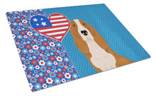 Load image into Gallery viewer, Red and White Tricolor Basset Hound USA American Glass Cutting Boards – Durable, Decorative Kitchen Art Large