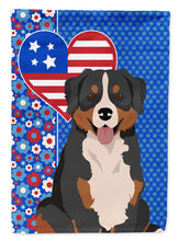 Load image into Gallery viewer, Bernese Mountain Dog Patriotic Heart Garden Flag – Red, White &amp; Blue Dog Decor with Star Background