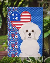 Load image into Gallery viewer, Bichon Frise Patriotic Heart Garden Flag – Red, White &amp; Blue Dog Decor with Star Background