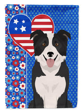 Load image into Gallery viewer, Black and White Border Collie Patriotic Heart Garden Flag – Red, White &amp; Blue Dog Decor with Star Background