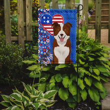 Load image into Gallery viewer, Red and White Border Collie Patriotic Heart Garden Flag – Red, White &amp; Blue Dog Decor with Star Background