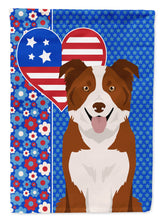 Load image into Gallery viewer, Red and White Border Collie Patriotic Heart Garden Flag – Red, White &amp; Blue Dog Decor with Star Background
