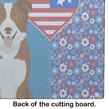 Load image into Gallery viewer, Red and White Border Collie USA American Glass Cutting Boards – Durable, Decorative Kitchen Art Large