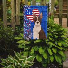 Load image into Gallery viewer, Red Boston Terrier Patriotic Heart Garden Flag – Red, White &amp; Blue Dog Decor with Star Background