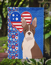 Load image into Gallery viewer, Red Boston Terrier Patriotic Heart Garden Flag – Red, White &amp; Blue Dog Decor with Star Background