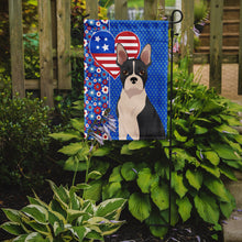 Load image into Gallery viewer, Black Boston Terrier Patriotic Heart Garden Flag – Red, White &amp; Blue Dog Decor with Star Background