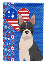 Load image into Gallery viewer, Black Boston Terrier Patriotic Heart Garden Flag – Red, White &amp; Blue Dog Decor with Star Background