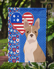 Load image into Gallery viewer, Fawn Boston Terrier Patriotic Heart Garden Flag – Red, White &amp; Blue Dog Decor with Star Background