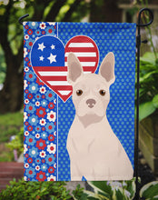 Load image into Gallery viewer, White Boston Terrier Patriotic Heart Garden Flag – Red, White &amp; Blue Dog Decor with Star Background