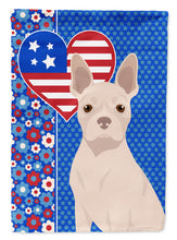 Load image into Gallery viewer, White Boston Terrier Patriotic Heart Garden Flag – Red, White &amp; Blue Dog Decor with Star Background