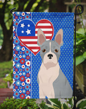 Load image into Gallery viewer, Blue Boston Terrier Patriotic Heart Garden Flag – Red, White &amp; Blue Dog Decor with Star Background