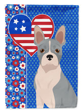 Load image into Gallery viewer, Blue Boston Terrier Patriotic Heart Garden Flag – Red, White &amp; Blue Dog Decor with Star Background