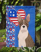 Load image into Gallery viewer, Brindle Boston Terrier Patriotic Heart Garden Flag – Red, White &amp; Blue Dog Decor with Star Background