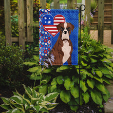 Load image into Gallery viewer, Natural Eared Red Brindle Boxer Patriotic Heart Garden Flag – Red, White &amp; Blue Dog Decor with Star Background