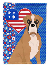 Load image into Gallery viewer, Natural Eared Fawn Boxer Patriotic Heart Garden Flag – Red, White &amp; Blue Dog Decor with Star Background