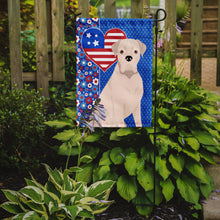 Load image into Gallery viewer, Natural Eared White Boxer Patriotic Heart Garden Flag – Red, White &amp; Blue Dog Decor with Star Background