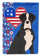 Load image into Gallery viewer, Natural Eared Black Boxer Patriotic Heart Garden Flag – Red, White &amp; Blue Dog Decor with Star Background
