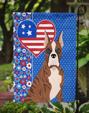 Load image into Gallery viewer, Red Brindle Boxer Patriotic Heart Garden Flag – Red, White &amp; Blue Dog Decor with Star Background