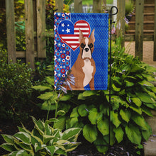 Load image into Gallery viewer, Fawn Boxer Patriotic Heart Garden Flag – Red, White &amp; Blue Dog Decor with Star Background