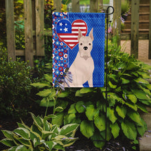Load image into Gallery viewer, White Boxer Patriotic Heart Garden Flag – Red, White &amp; Blue Dog Decor with Star Background
