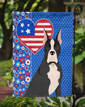 Load image into Gallery viewer, Black Boxer Patriotic Heart Garden Flag – Red, White &amp; Blue Dog Decor with Star Background