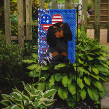 Load image into Gallery viewer, Black and Tan Cavalier Spaniel Patriotic Heart Garden Flag – Red, White &amp; Blue Dog Decor with Star Background