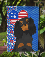Load image into Gallery viewer, Black and Tan Cavalier Spaniel Patriotic Heart Garden Flag – Red, White &amp; Blue Dog Decor with Star Background