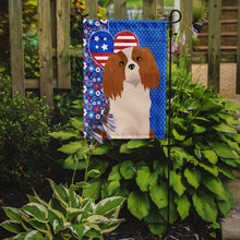 Load image into Gallery viewer, Blenheim Cavalier Spaniel Patriotic Heart Garden Flag – Red, White &amp; Blue Dog Decor with Star Background