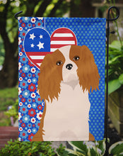 Load image into Gallery viewer, Blenheim Cavalier Spaniel Patriotic Heart Garden Flag – Red, White &amp; Blue Dog Decor with Star Background