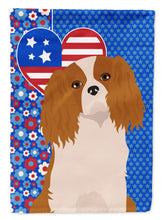 Load image into Gallery viewer, Blenheim Cavalier Spaniel Patriotic Heart Garden Flag – Red, White &amp; Blue Dog Decor with Star Background