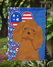 Load image into Gallery viewer, Ruby Cavalier Spaniel Patriotic Heart Garden Flag – Red, White &amp; Blue Dog Decor with Star Background